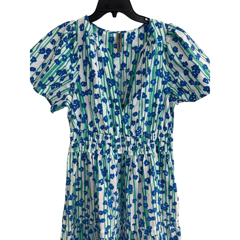 Anthropologie Floral Striped Tiered Maxi Dress Cotton Blue Green White Size L - Picture 3 of 11